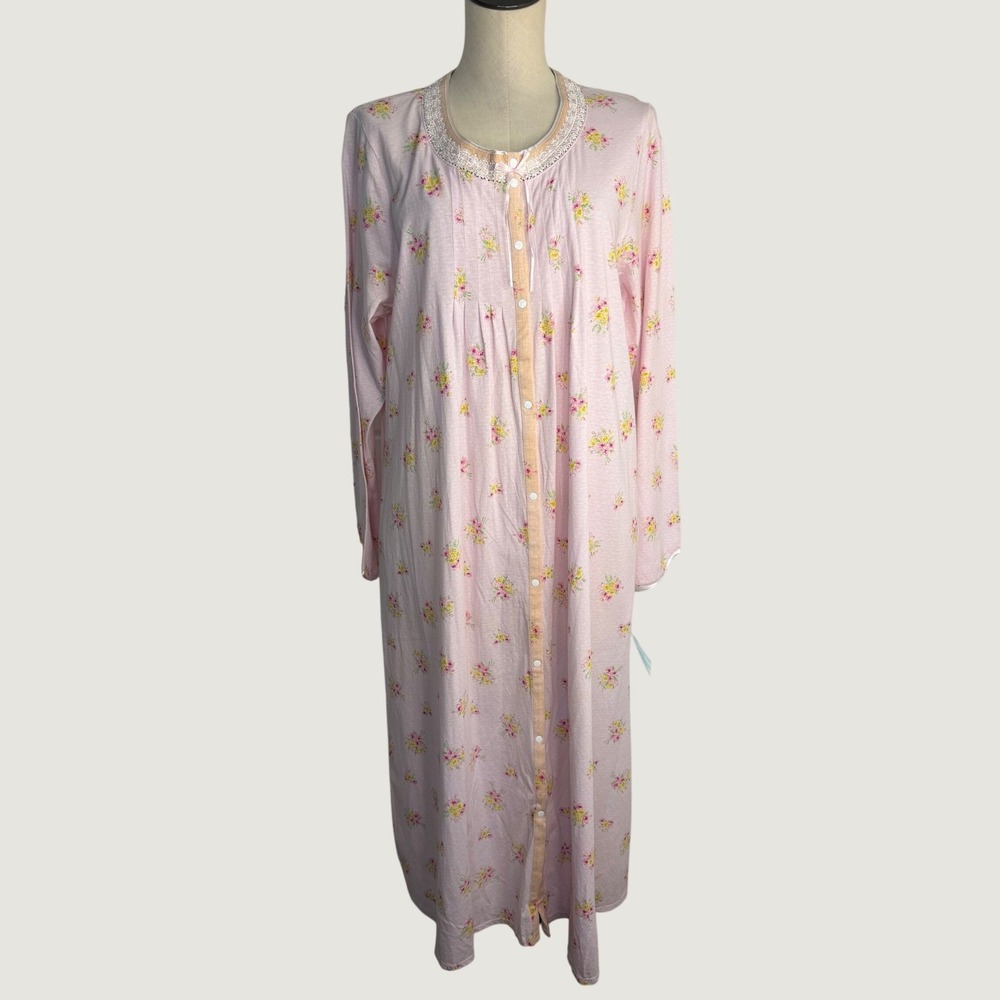 Earth Angels Large Pink Flower Bouquet Nightgown Long Sleeve‎ Button Down Cotton